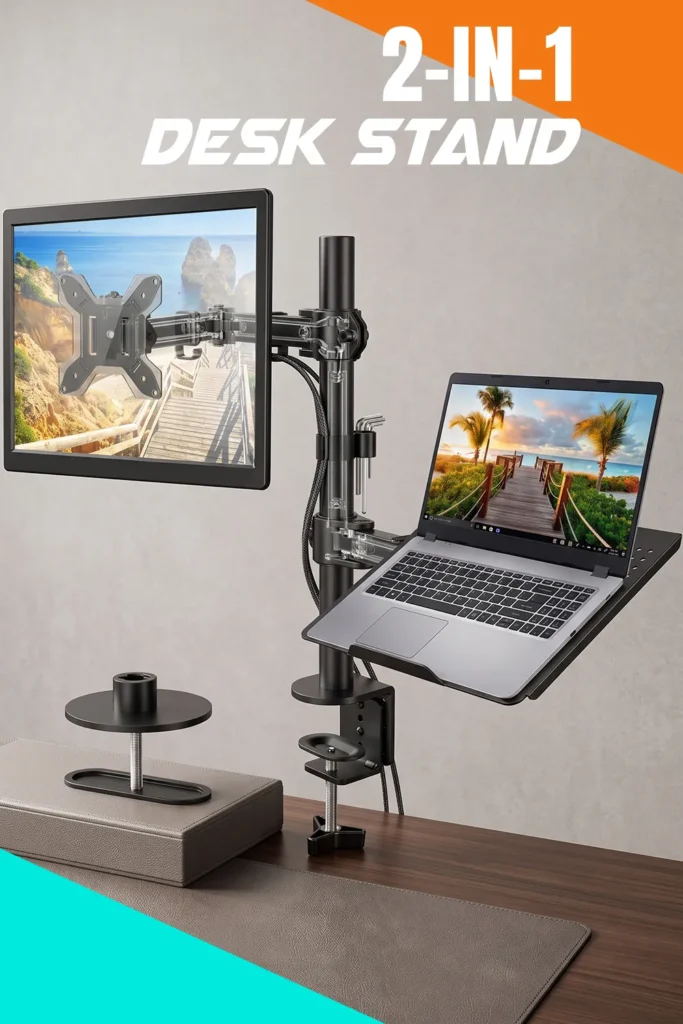 desk setup with laptop stand and monitor