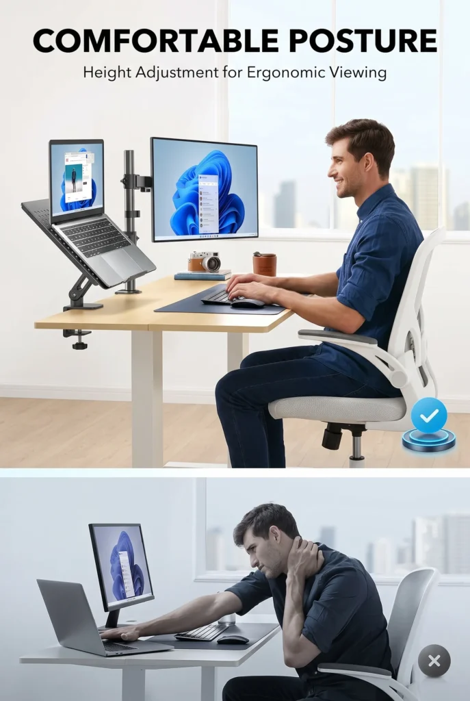 desk setup with laptop stand and monitor
